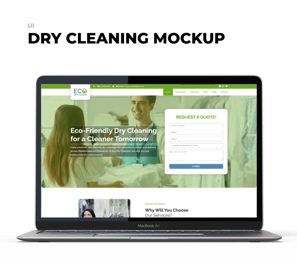 MacBook mockup showing Eco Dry Cleaners responsive website design - Eco-friendly dry cleaning service for Maidenhead and Berkshire